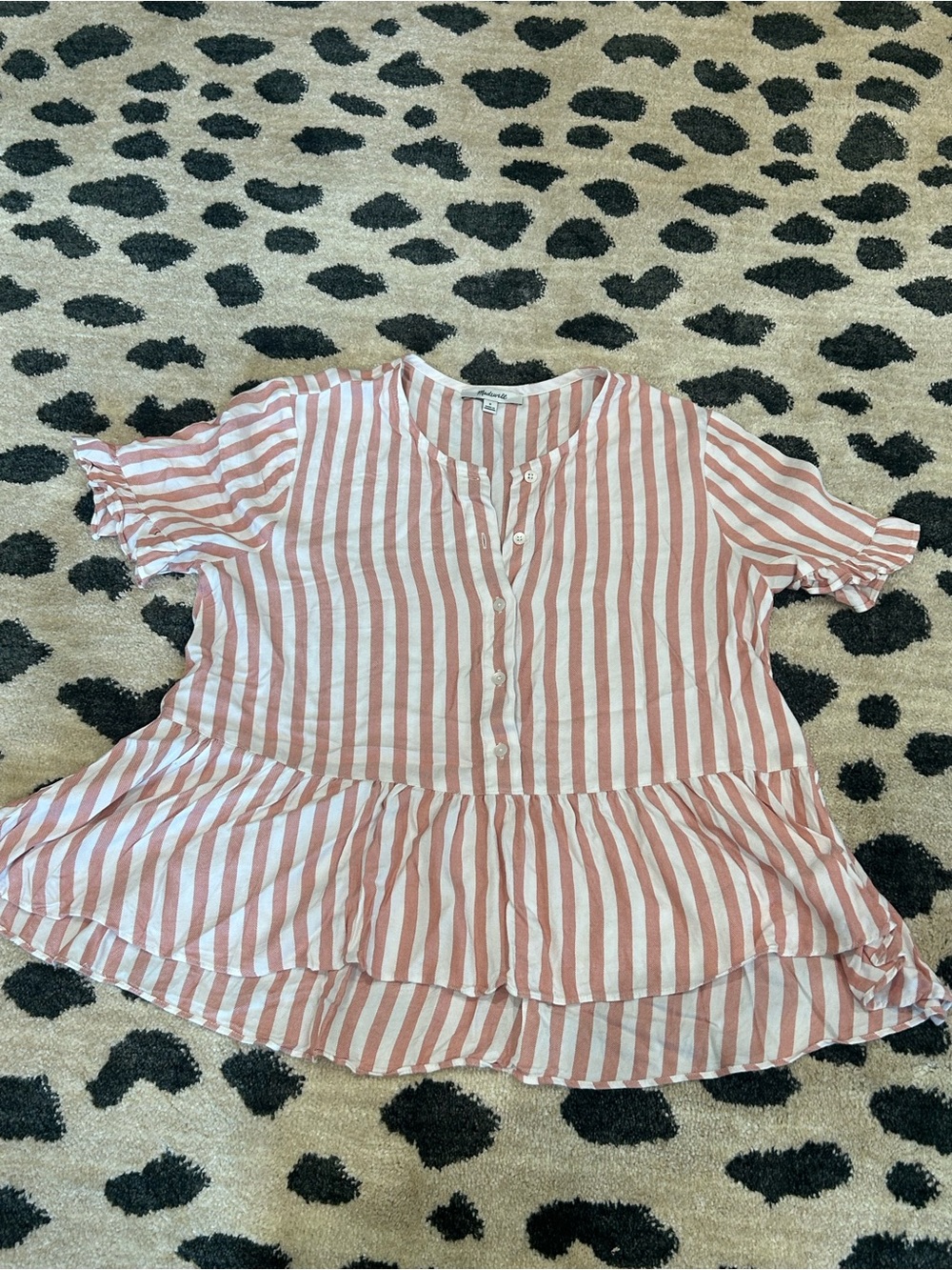 Madewell- Brown/Pink + White Striped Peplum Button-Front w/Ruffle Sleeves-Small